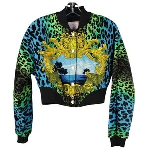 Versace for H&M Leopard Tropical Baroque Cropped Bomber Jacket Blue Green US 6